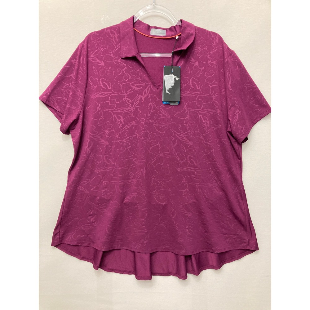 New Callaway Womens Golf Polo XXL Purple Floral Jacquard Peplum Hem Active